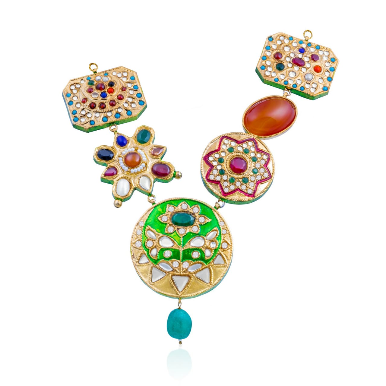 Assymetrical Naurattan Meenakari Necklace (7881755820163)